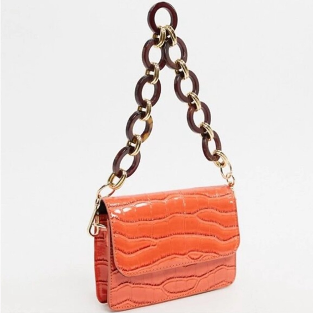 Orange Croc-Embossed Chain Handle Bag